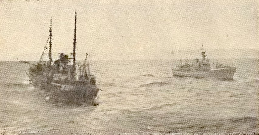 Icelandic trawler and Coast Guard vessel at sea during the Cod Wars