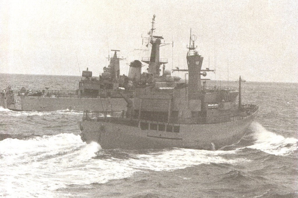 Icelandic Coast Guard vessel Óðinn III and Royal Navy frigate F-10 at sea during the Cod Wars